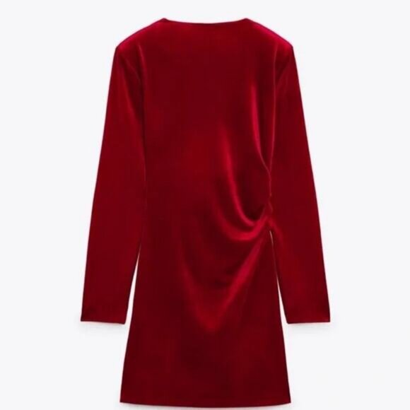NWT ZARA Velvet Draped Asymmetric Neck Padded Shoulders Mini Dress Sz Medium Red - Picture 11 of 15
